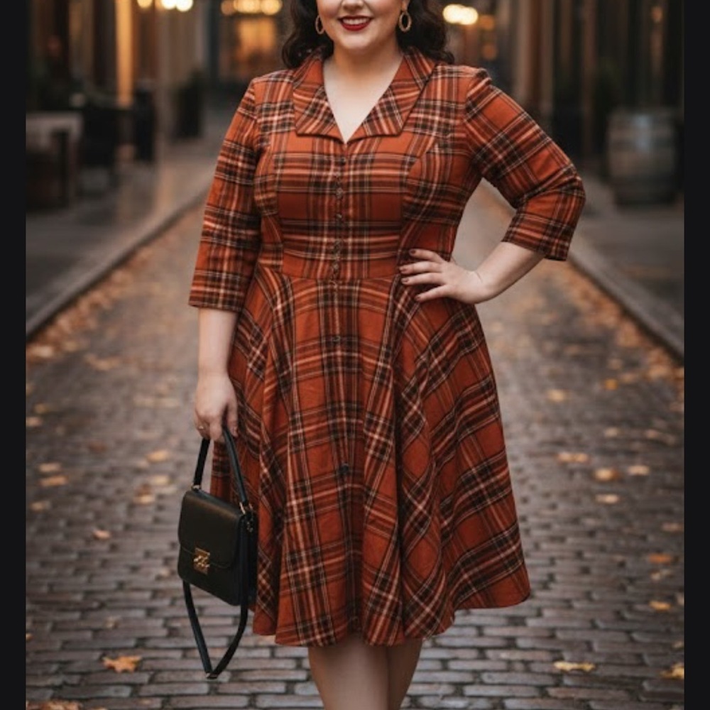 New Hell Bunny Rust Plaid Vintage Dress